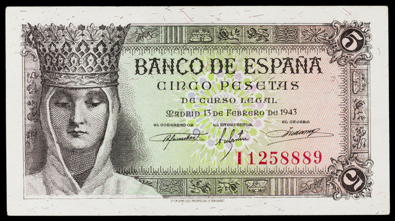 1943. 5 pesetas. (Ed. D47a) (Ed. 446a). 13 de febrero, Isabel la Católica. Serie...