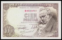 1946. 100 pesetas. (Ed. D52a) (ED. 451a). 19 de febrero, Goya. Serie B, última emitida. Leve doblez en esquina. Manchita. EBC.