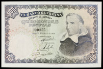1946. 500 pesetas. (Ed. D53) (Ed. 452). 19 de febrero, Padre Vitoria. Lavado y planchado. Raro. MBC+.