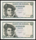 1948. 5 pesetas. (Ed. D56a) (Ed. 455a). 5 de marzo, Elcano. Pareja correlativa, serie D. S/C-.