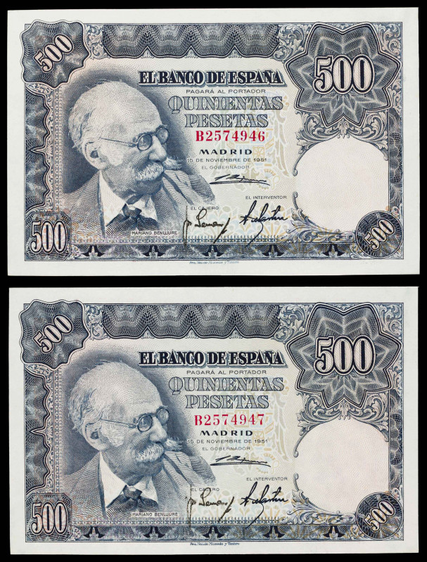 1951. 500 pesetas. (Ed. D61a) (Ed. 460a). 15 de noviembre, Benlliure. Pareja cor...