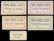 Albesa. 25, 50 céntimos, 1 y 2 pesetas (dos). (T. 81, 85c var, 86d, 87c var y 88b var). 5 cartones, una serie completa. Raros. MBC-/EBC+.