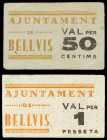 Bellvís. 50 céntimos y 2 pesetas. (T. 473 y 476). 2 cartones. BC+/MBC.