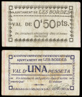 Les Bordes. 50 céntimos y 1 peseta. (T. 572a y 573). 2 billetes, el de 50 céntimos nº 311. Raros. MBC-/MBC.