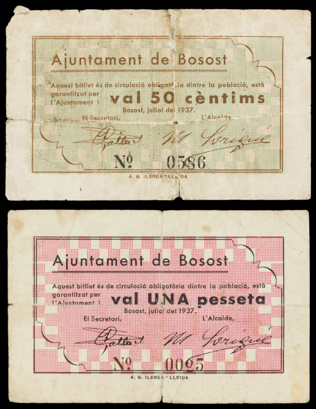 Bosost. 50 céntimos y 1 peseta. (T. 597 y 598). 2 billetes, serie completa, la p...