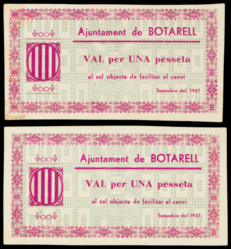 Botarell. 1 peseta. (T. 609). 2 billetes. Escasos. EBC-/EBC.