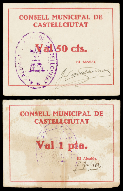 Castellciutat. 50 céntimos y 1 peseta. (T. 828 y 829a). 2 cartones, todos los de...