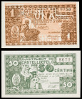 Castelldefels. 50 céntimos y 1 peseta. (T. 839d y 840c). 2 billetes, todos los de la localidad. EBC+.