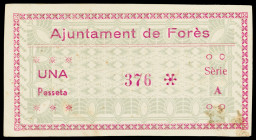 Forès. 1 peseta. (T. 1218). Doble impresión del reverso, con dos numeraciones diferentes. Raro. MBC+.