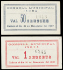 Isona. 50 céntimos y 1 peseta. (T. 1457 y 1458). 2 billetes, todos los de la localidad, la peseta nº 0245. Escasos. MBC-/EBC-.