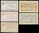 Oliana. 25, 50 céntimos (dos) y 1 peseta (dos). (T. 1935 a 1939). 5 billetes, todos los de la localidad. Conjunto raro. BC/EBC.