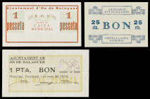 Ós de Balaguer. 25 céntimos y 1 peseta (dos). (T. 1977, 1980 y 1982). 3 billetes. Raros. MBC-/EBC+.