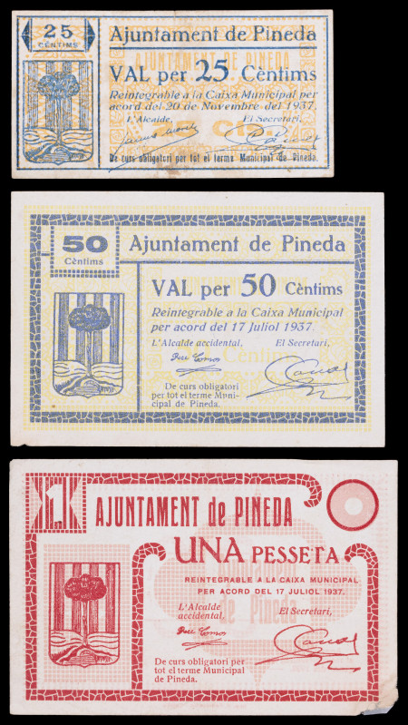 Pineda. 25, 50 céntimos y 1 peseta. (T. 2105, 2106 y 2111). 3 billetes. MBC-/MBC...