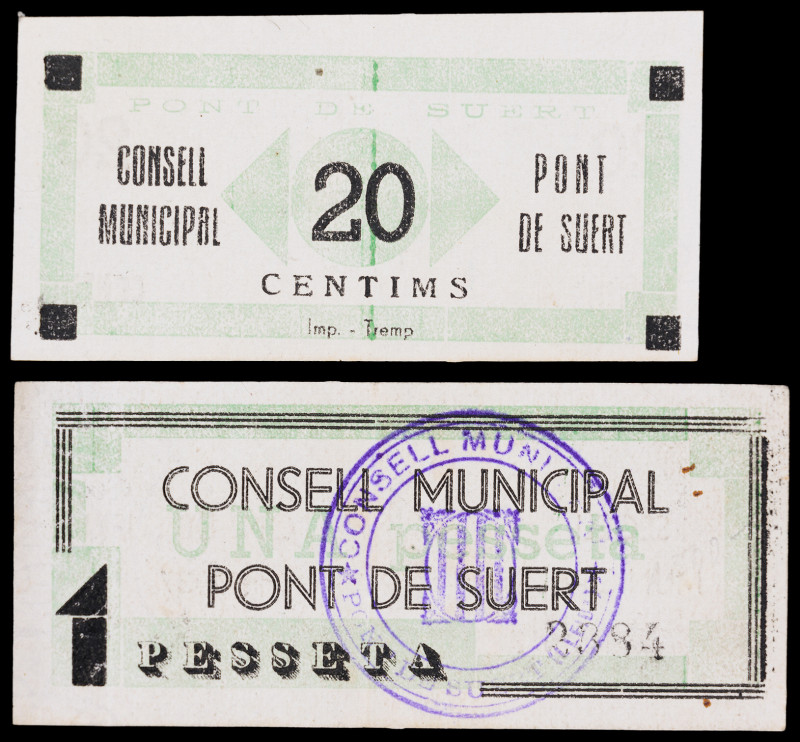 Pont de Suert. 20 céntimos y 1 peseta. (T. 2245a y 2246). 2 billetes, serie comp...