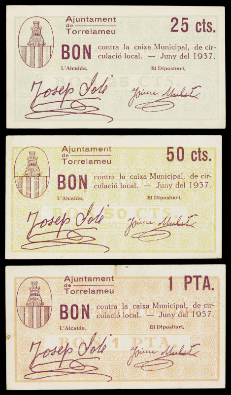 Torrelaneu. 25, 50 céntimos y 1 peseta. (T. 2964 a 2966). 3 billetes, serie comp...