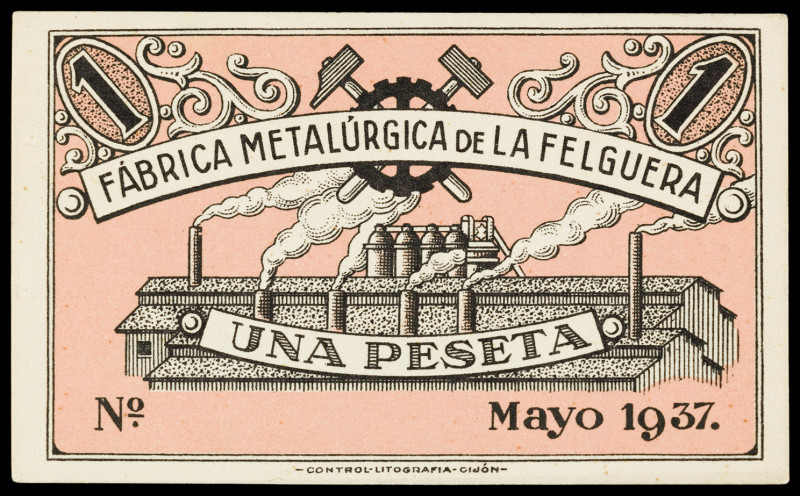 La Felguera (Asturias). Fábrica metalúrgica. 1 peseta. (KG. 347) (RGH. 2433). Ta...