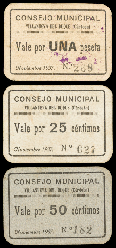 Villanueva del Duque (Córdoba). Consejo Municipal. 25 y 50 céntimos y 1 peseta. ...