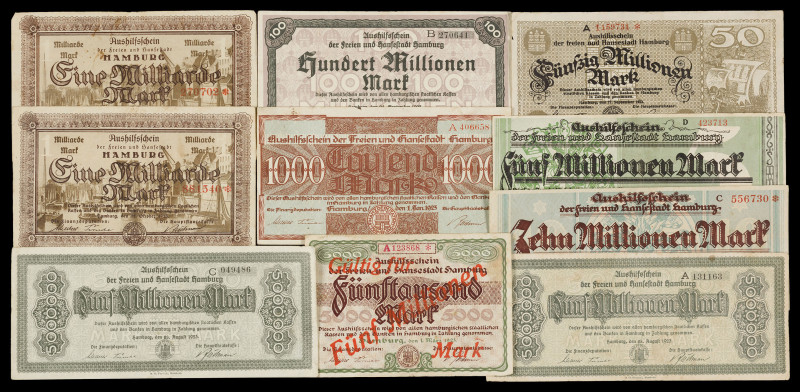 Alemania. 1923. Finanzdeputation Hamburg. De 1000 marcos a 100000000 de marcos. ...