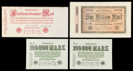 Alemania. 1923. Banco de la República de Weimar. 100000, 500000 y 1 millón de marcos. (Pick 91 (dos), 92 y 93). 4 billetes. MBC/S/C.