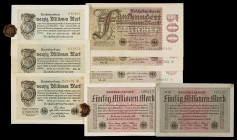 Alemania. 1923. Banco de la República de Weimar. 20, 50 y 500 millones de marcos. (Pick 108 al 110). 8 billetes. Diferentes variantes por código. A ex...