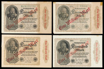 Alemania. s/d (1923). Banco de la República de Weimar. 1000 millones sobre 1000 marcos. (Pick 113). 4 billetes con distintas variantes. Restos de char...