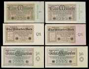 Alemania. 1923. Banco de la República de Weimar. 1, 5 y 10000 millones de marcos. (Pick 114 a 116). 6 billetes con distintas variantes. A examinar. MB...