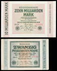 Alemania. 1923. Banco de la República de Weimar. 10000 y 20000 millones de marcos. (Pick 117a y 118a). 2 billetes. MBC-/S/C-.