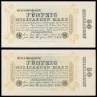 Alemania. 1923. Banco de la República de Weimar. 50000 millones de marcos. (Pick 119c). 2 billetes. Raros. EBC+.