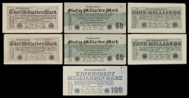 Alemania. 1923. Banco de la República de Weimar. 1 (dos), 5 (dos), 50 (dos) y 100000 millones de marcos. (Pick 122 (dos), 123 (dos), 125 (dos) y 126)....