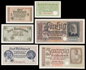 Alemania. (1940-1945). Territorios ocupados. Crédito del Tesoro. 50 pfennig, 1, 2, 5, 20 y 50 marcos. (Pick R135 a R140). 6 billetes. Serie completa. ...