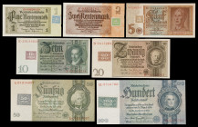 Alemania Oriental. 1948. Ocupación soviética. 1, 2, 5, 10, 20, 50 y 100 marcos. (Pick 1 a 3, 4a, 5b, 6b y 7a). 7 billetes. EBC+/ S/C.