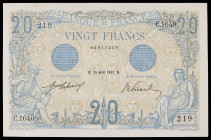 Francia. 1912. Banco de Francia. 20 francos. (Pick 68b). 19 de abril. Firmas: J. Laferriere y E. Picard. EBC-.