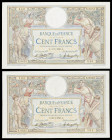 Francia. 1922 y 1923. Banco de Francia. 100 francos. (Pick 71c). 2 billetes con fechas distintas. Firmas de: L. Platet y A. Aupetit. MBC/MBC+.