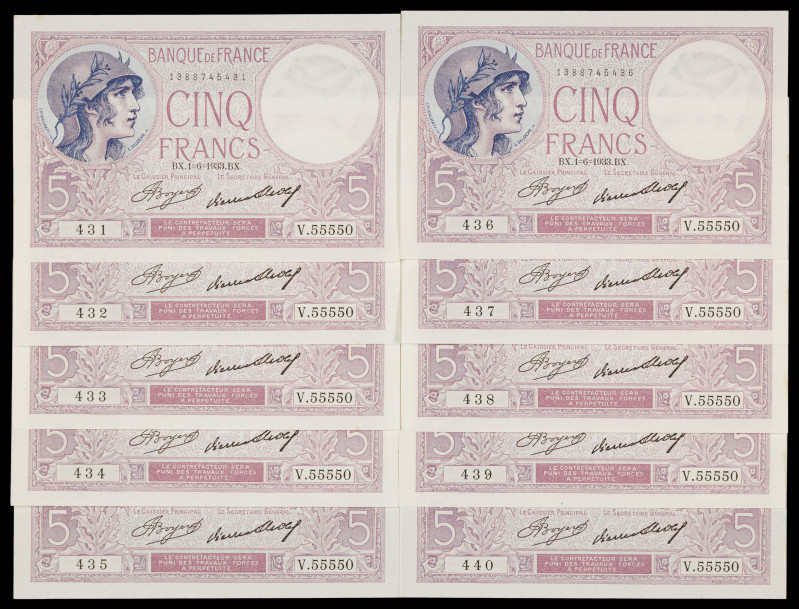 Francia. 1933. Banco de Francia. 5 francos. (Pick 72e). 1 de junio. 10 billetes ...