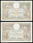 Francia. 1924 y 1925. Banco de Francia. 100 francos. (Pick 78a). 2 billetes, con fechas distintas. Firmas: L. Platet y A. Aupetit. BC+.