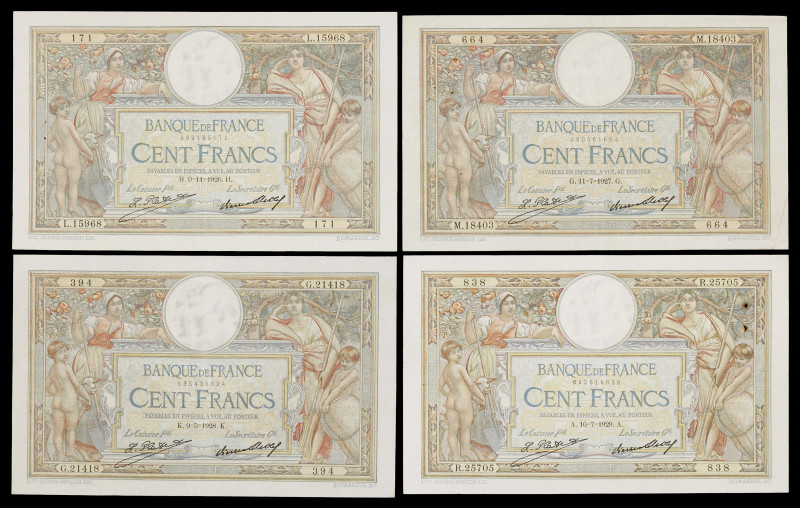 Francia. 1926 a 1929. Banco de Francia. 100 francos. (Pick 78b). 4 billetes, tod...