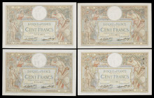 Francia. 1926 a 1929. Banco de Francia. 100 francos. (Pick 78b). 4 billetes, todos con fechas distintas. Firmas: L. Platet y P. Strohl. MBC-/MBC+.