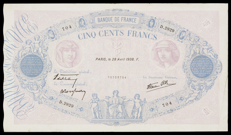 Francia. 1938. Banco de Francia. 500 francos. (Pick 88c). 28 de abril. Firmas: H...