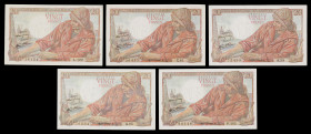 Francia. 1942 a 1944. Banco de Francia. 20 francos. (Pick 100a). 5 billetes, casi todos con fechas distintas. Firmas: P. Rousseau y R. Favre-Gilly. EB...