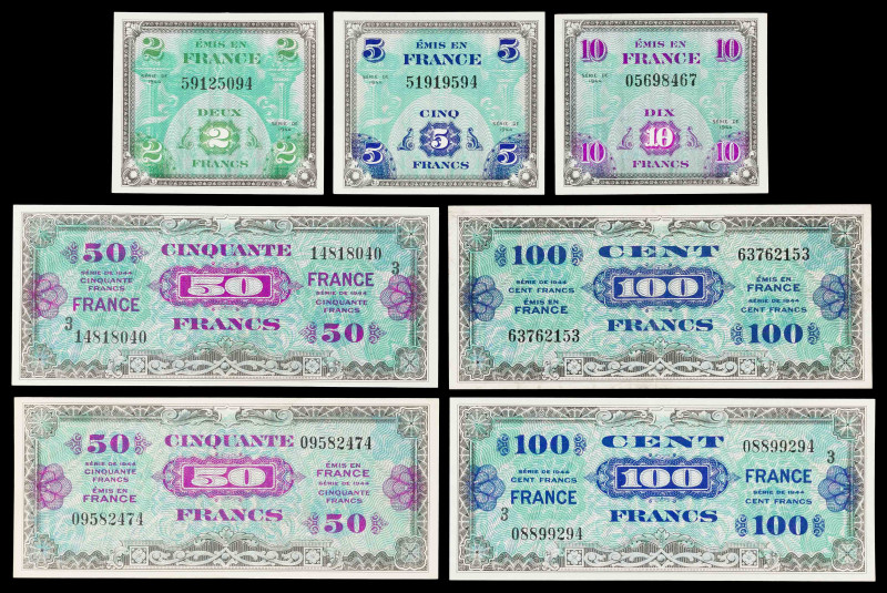 Francia. 1944. Ocupación Aliada. 2, 5, 10, 50 (2) y 100 francos (dos). (Pick 114...