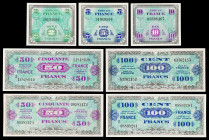 Francia. 1944. Ocupación Aliada. 2, 5, 10, 50 (2) y 100 francos (dos). (Pick 114 a 118, 122c y 123c). 7 billetes. MBC+/S/C.