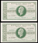 Francia. s/d (1944). Tesorería Central. 1000 francos. (Pick 107). 2 billetes. Esquinas rozadas. EBC+.