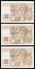 Francia. 1952 (dos) y 1954. Banco de Francia. 100 francos. (Pick. 128d). 3 billetes, dos fechas distintas. Firmas: G. Gouin d'Ambrieres y P. Gargam. E...