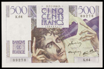 Francia. 1946. Banco de Francia. 500 francos. (Pick 129a). 7 de febrero. Firmas: J. Belin, P. Rousseau y R. Favre-Gilly. EBC.