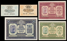 Italia. 1918. Ocupación austríaca. Cassa Veneta Dei Prestiti. 5, 10 céntimos, 1, 2 y 10 liras. (Pick M1, M2 y M4 a M6). 5 billetes. EBC-/ S/C.