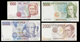 Italia. 1984, 1985 y 1990 (dos). Banco de Italia. 1000, 2000, 5000 y 10000 liras. (Pick 111c, 112d, 114c y 115). 4 billetes. S/C.