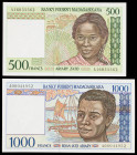 Madagascar. s/d (1994). Banco Central. 500 y 1000 francos. (Pick 75 y 76). 2 billetes. S/C.