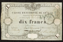 Suiza. 1856. Fondo de descuento de Ginebra. 10 francos. (Pick S311). 2 de agosto. Muy raro. BC+.