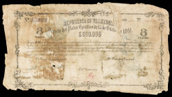 Venezuela. 1861. "A cuenta del Poder Ejecutivo de 15 de enero de 1861". 8 reales. (Pick 25, no indica precio). Reparado en la época. Extraordinariamen...
