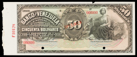 Venezuela. (1935-1939). Banco de Venezuela. 50 bolívares. (Pick S312 var). SPECIMEN. Dos taladros, numeración 00000. Mínima raspadura en borde, pero e...